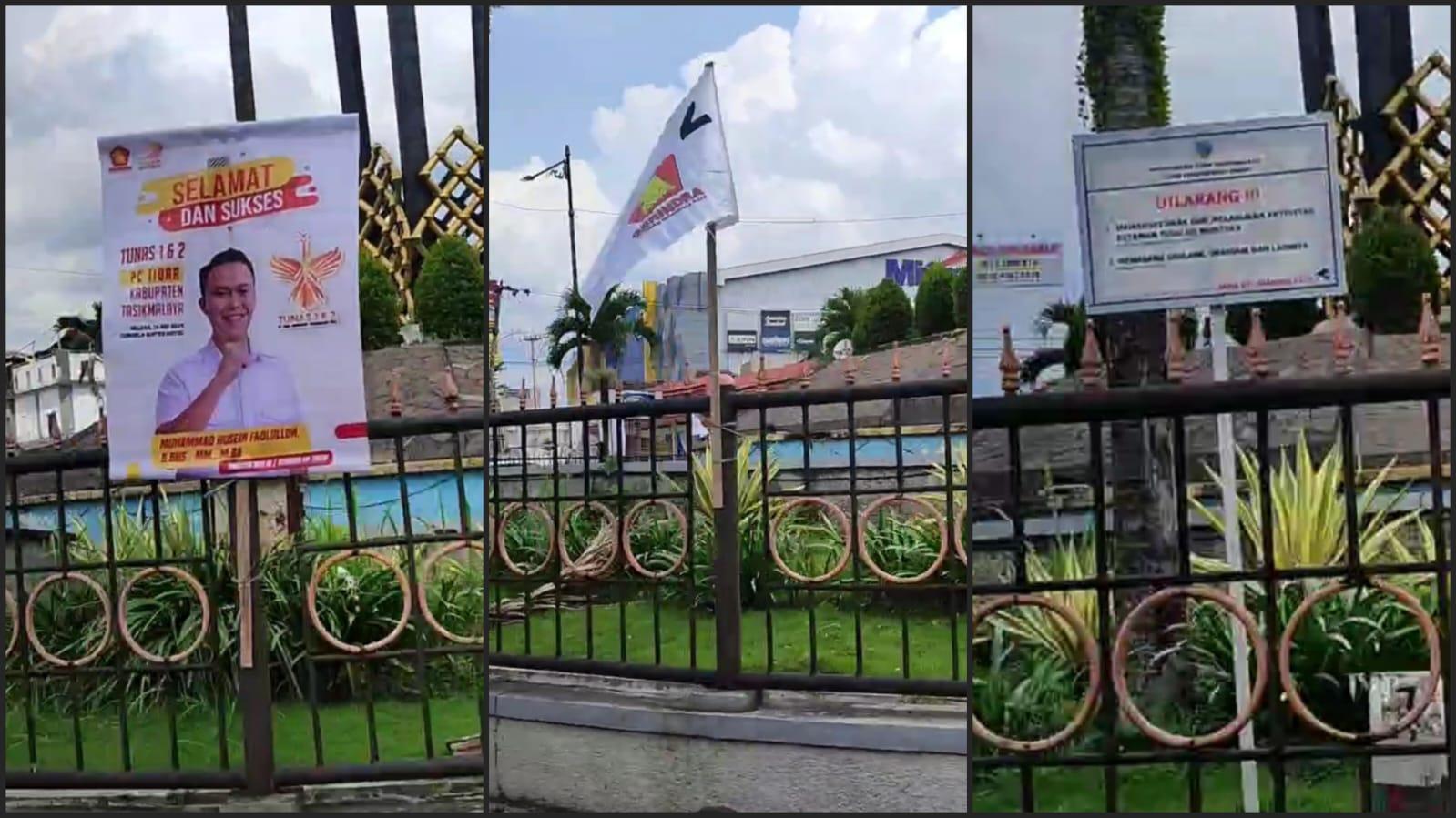 Viral! Sejumlah Baliho dan Bendera Partai Dipasang di Tugu KHZ Mustofa Tasikmalaya Meski Sudah ada Papan Larangan