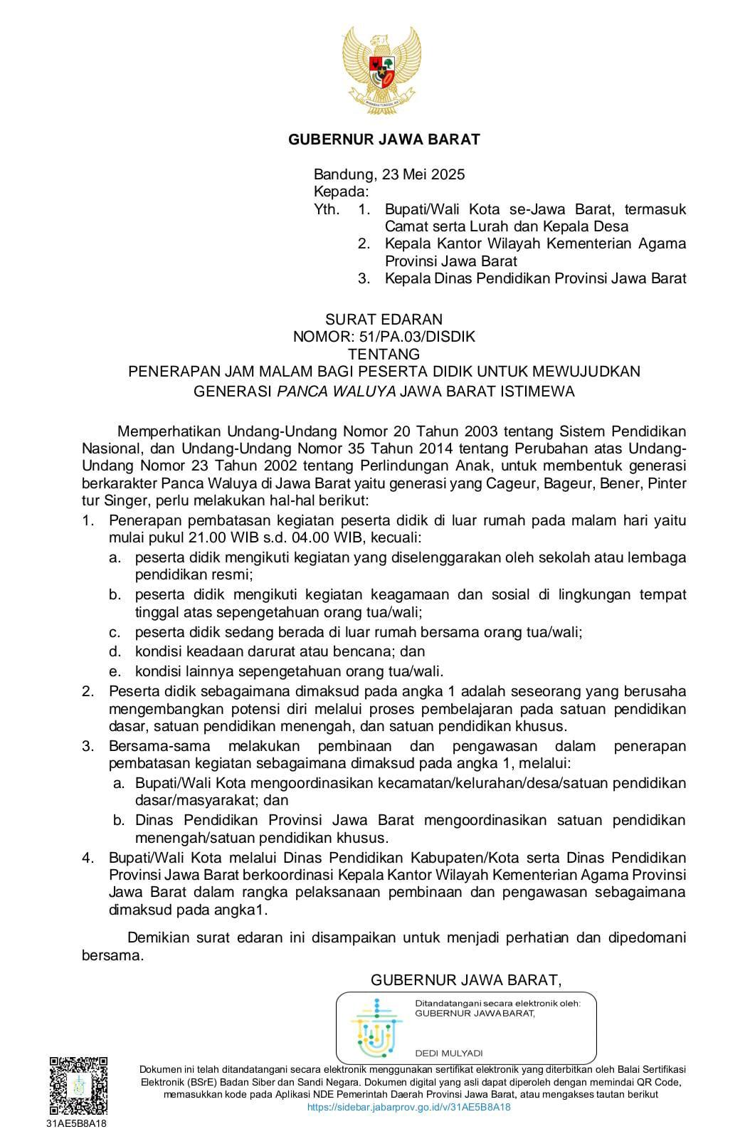 Gubernur Jawa Barat Terapkan Jam Malam bagi Peserta Didik untuk Wujudkan Generasi Panca Waluya