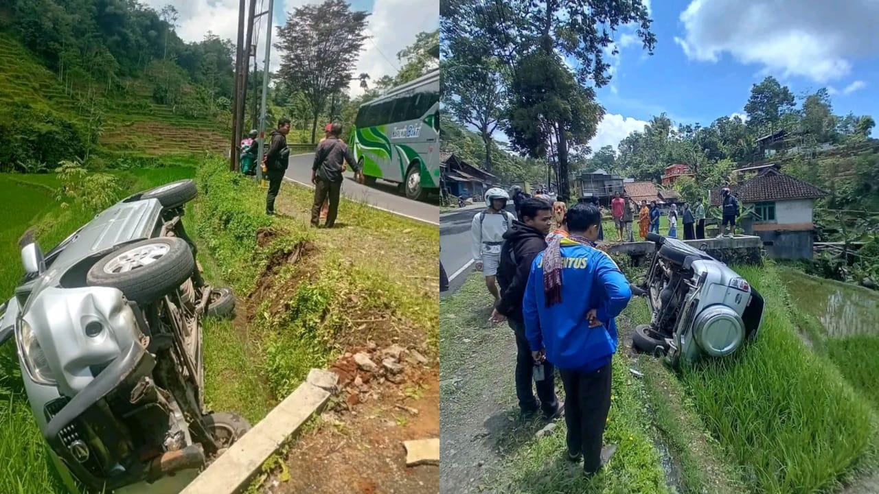 Minibus Terguling ke Sawah di Jalur Cilawu–Salawu, Sopir Diduga Mengantuk