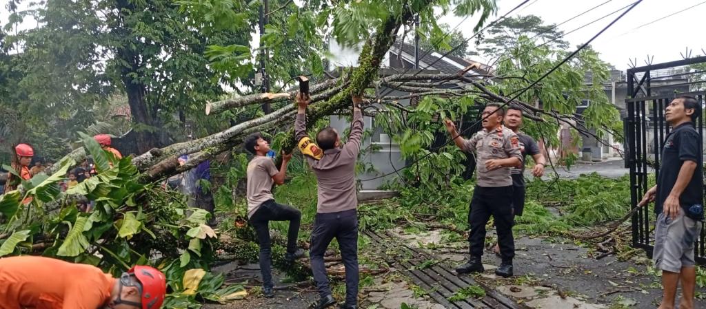 Polsubsektor Cipedes Bersama Satsamapta Polres Tasikmalaya Kota Evakuasi Pohon Tumbang Akibat Hujan Disertai Angin Kencang