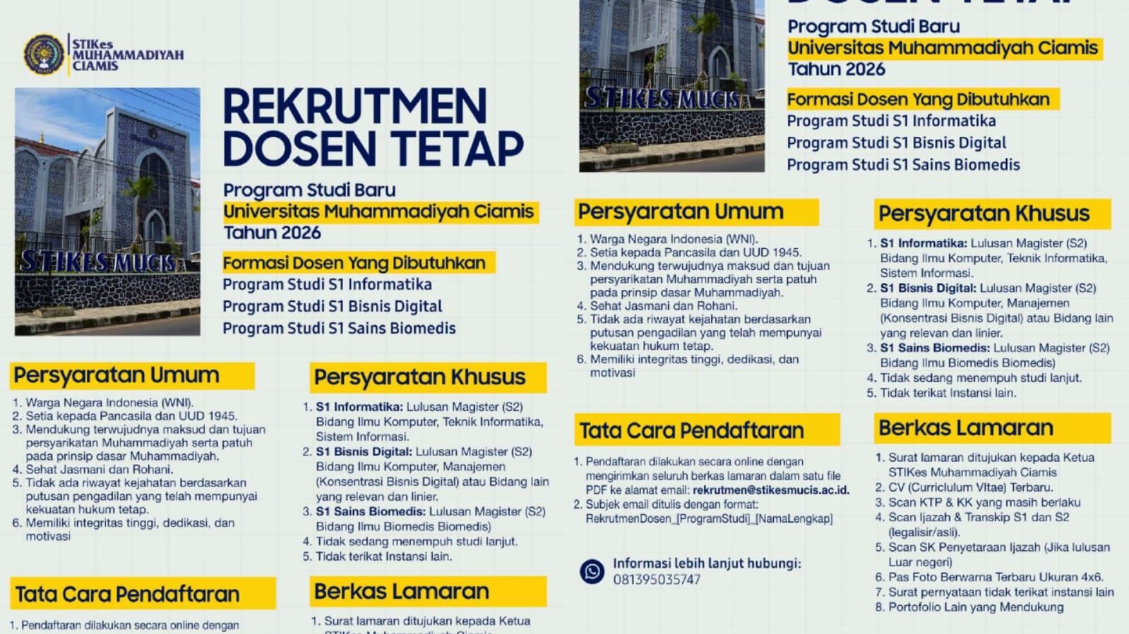 Universitas Muhammadiyah Ciamis Buka Lowongan Dosen Tetap 2026, Cek Formasi dan Syaratnya!