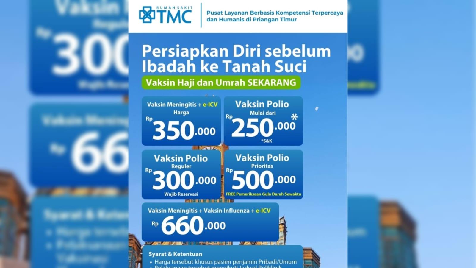 RS TMC Tasikmalaya Sediakan Layanan Vaksin Haji dan Umrah, Ini Daftar Harga Lengkapnya