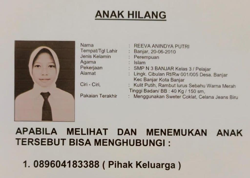 Remaja 14 Tahun di Kota Banjar Dilaporkan Hilang Sejak Akhir Februari