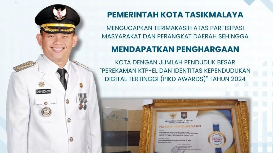 Tasikmalaya Raih Penghargaan Sebagai Kota Perekaman KTP-El dan Identitas Kependudukan Digital Tertinggi PIKD Award 2024