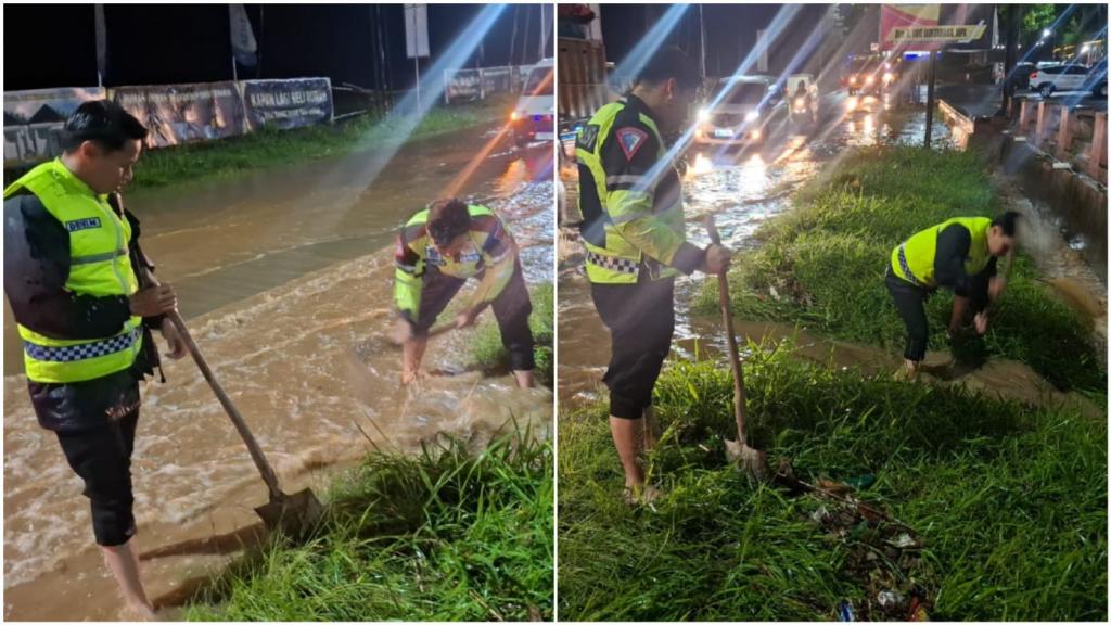 Tiga Personel Satlantas Polres Tasikmalaya Kota Gali Jalur Drainase Demi Atasi Banjir dan Kemacetan di Jalan Raya Jamanis