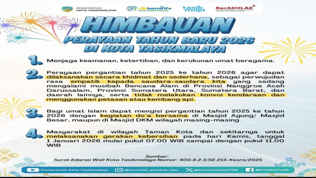 Pemkot Tasikmalaya Larang Konvoi dan Petasan di Malam Tahun Baru 2026, Warga Diminta Jaga Empati